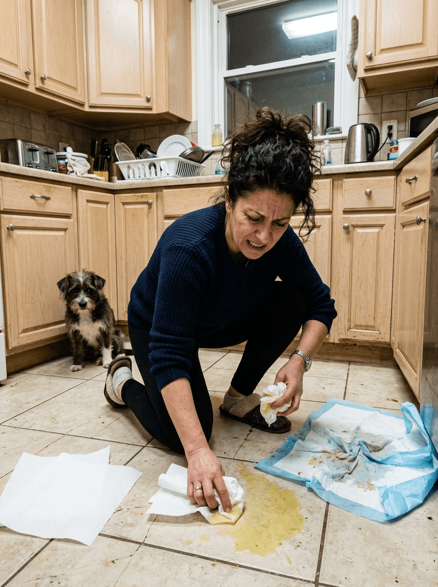 Proprietaria frustrata che pulisce il pavimento