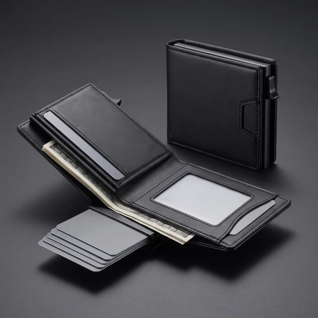 Cartera pop-up TascaZero™ abierta con tarjetas, billetes y documento